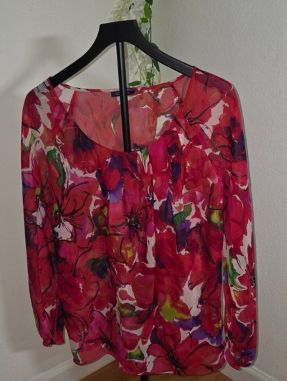 Anne Klein Pink Floral Long-Sleeve Sheer Blouse